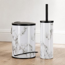 Carrara Noir 2 Piece Marble Bathroom Set Trash Can Toilet Brush Holder