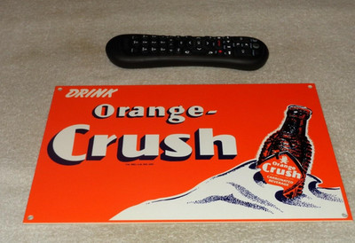 VINTAGE DRINK ORANGE CRUSH W/ CRUSHY BOTTLE 12'' METAL SODA POP GASOLINE OIL SIGN