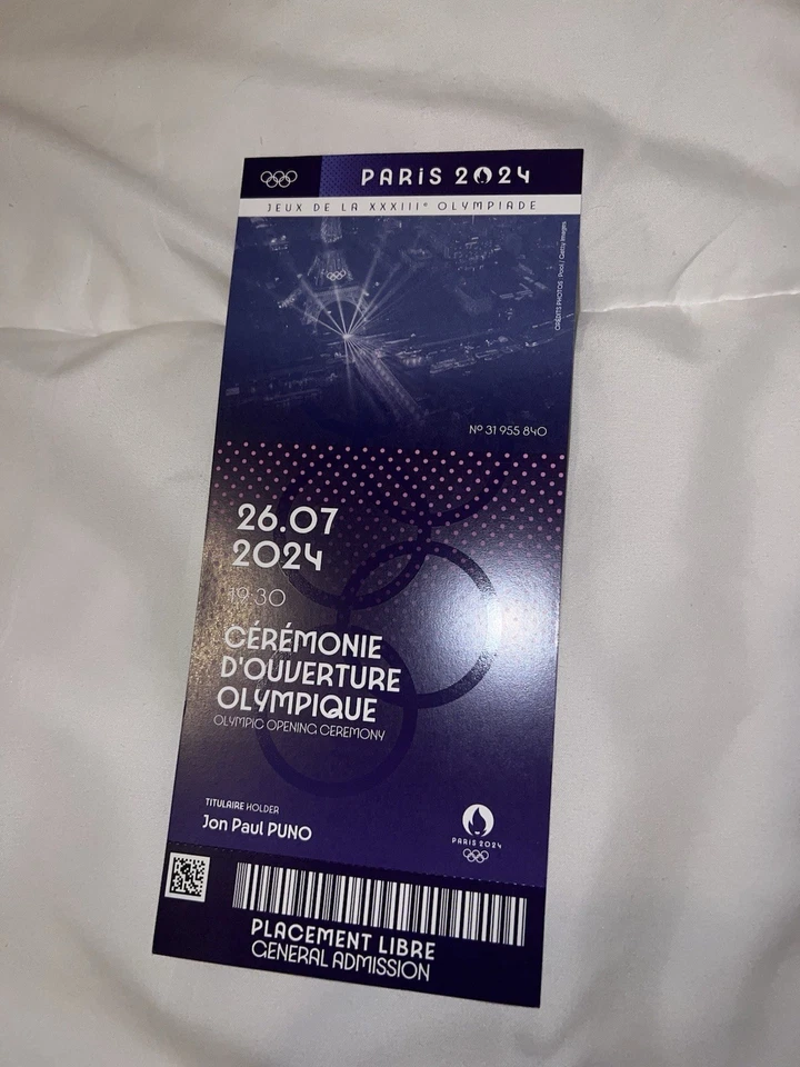 Boleto de ceremonia de apertura de los Juegos Olímpicos de París 2024 26 de julio de 2024 histórico coleccionable Foto 2 de 4