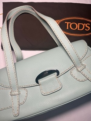 Tod's Light Blue Pebbled Leather East West Baguette Shoulder Bag