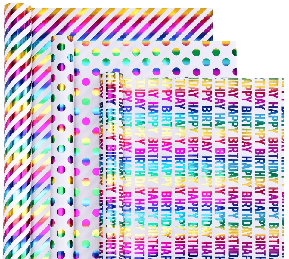 3 Rolls Holographic Birthday Gift Wrap Shiny Foil Paper for Party & Celebration - Image 2 of 4