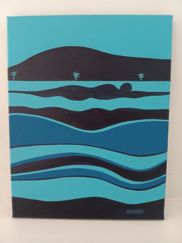 Swimmer Diver Waves Ocean Sea Pop Blue Tiki Tropical Island Palm trees  Hawaii
