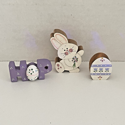 3 Easter Decorations Small Lot Egg Bunny HOP word Wood Curio Cabinet Shelf Decor