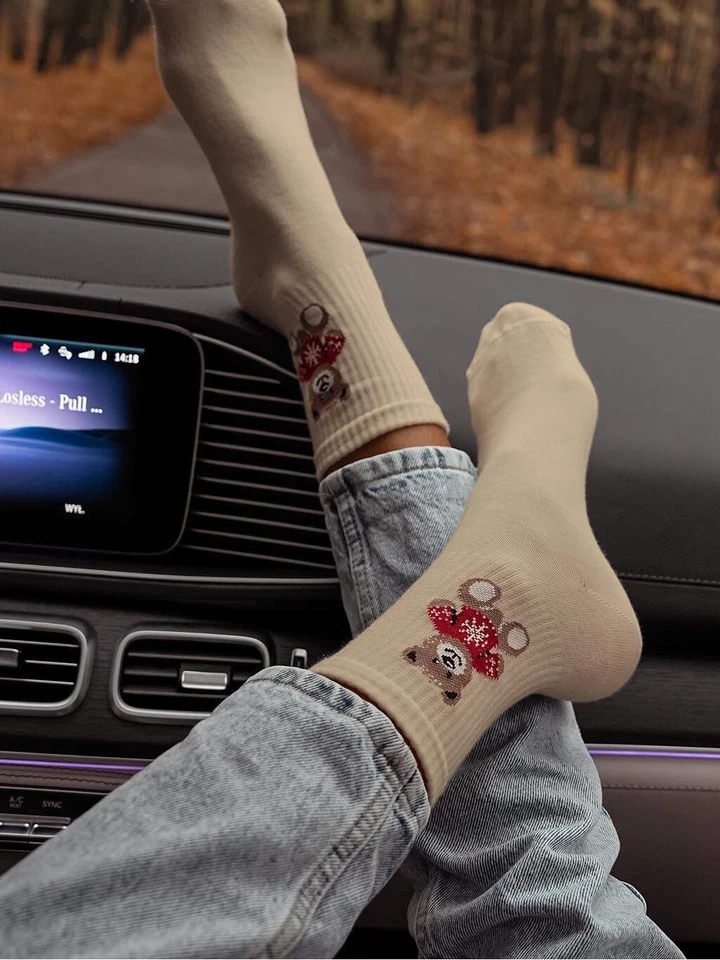 LYCILLE Socken 1 Paar stylische Socken 37/41 aus Baumwolle mit Teddybär-Motiv