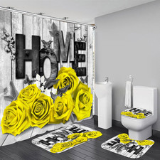 Yellow Rose Valentines 4 Pcs Shower Curtain Sets Non-Slip Rugs Bath Mat Toilet C
