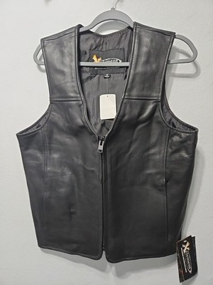 X-Element Black Leather Men's Motorcycle Vest, Multiple Pockets Size M