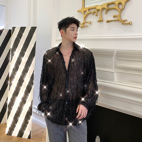 Mens Sequin Fringed Shirt Button Sheer Summer Night Club Bar Perform Shiny Sexy - Picture 5 of 8