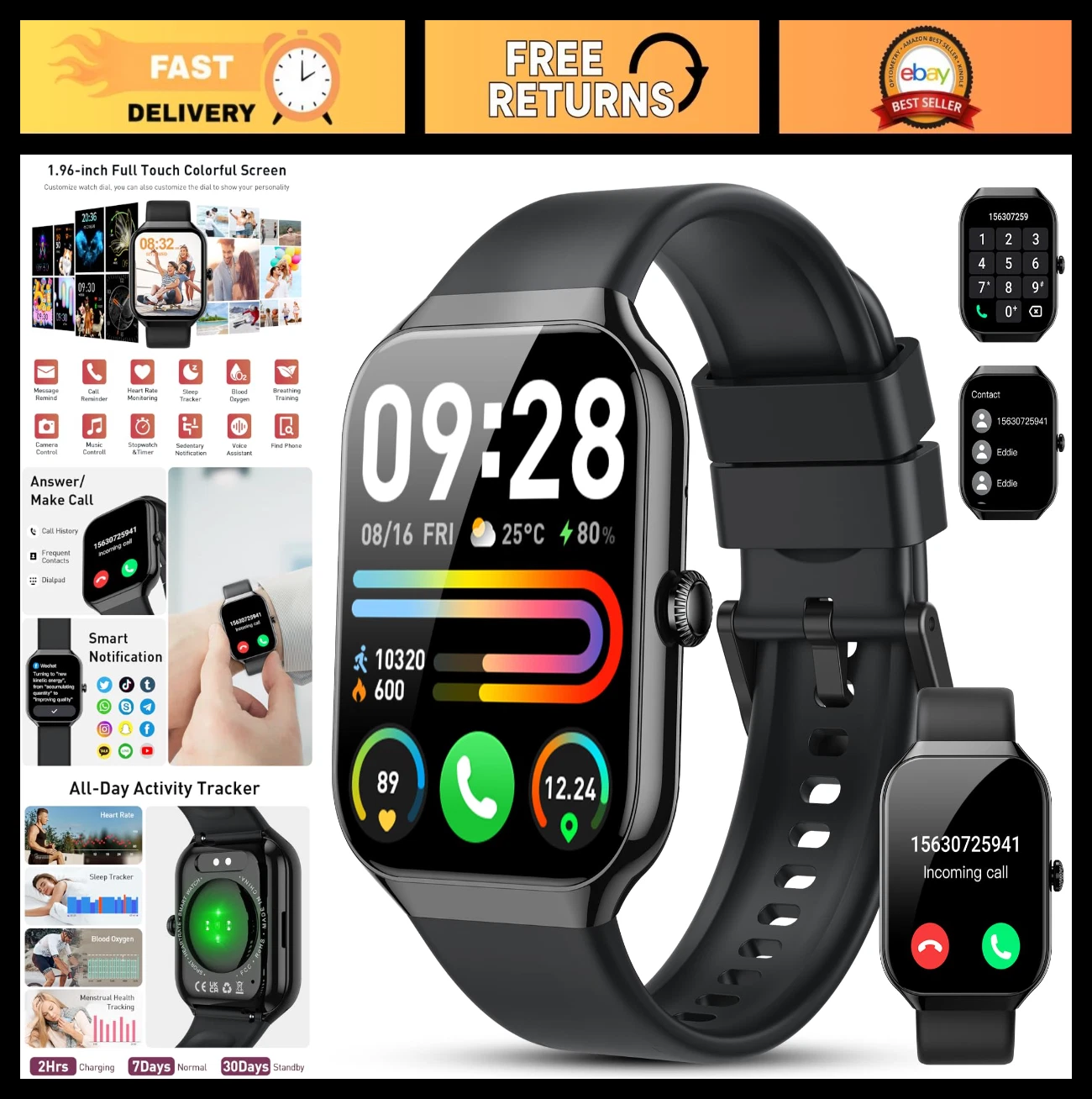 2026 Smartwatch for Men & Women - 1.96" HD Touch, BT5.4 Call, Fitness Tracker, I