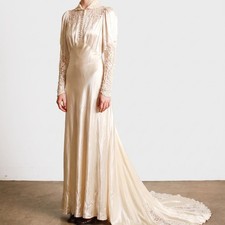 1930s Ivory Liquid Satin Lace Yolk Wedding Gown