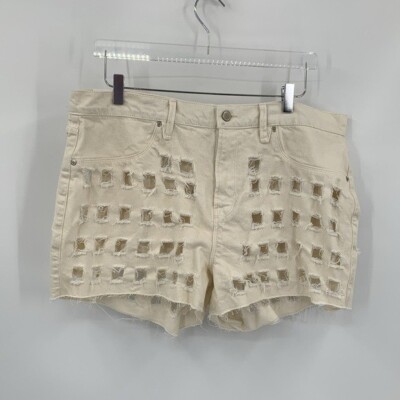 Good American 90's cut-off denim cut-out frayed shorts bone cream square 14 32