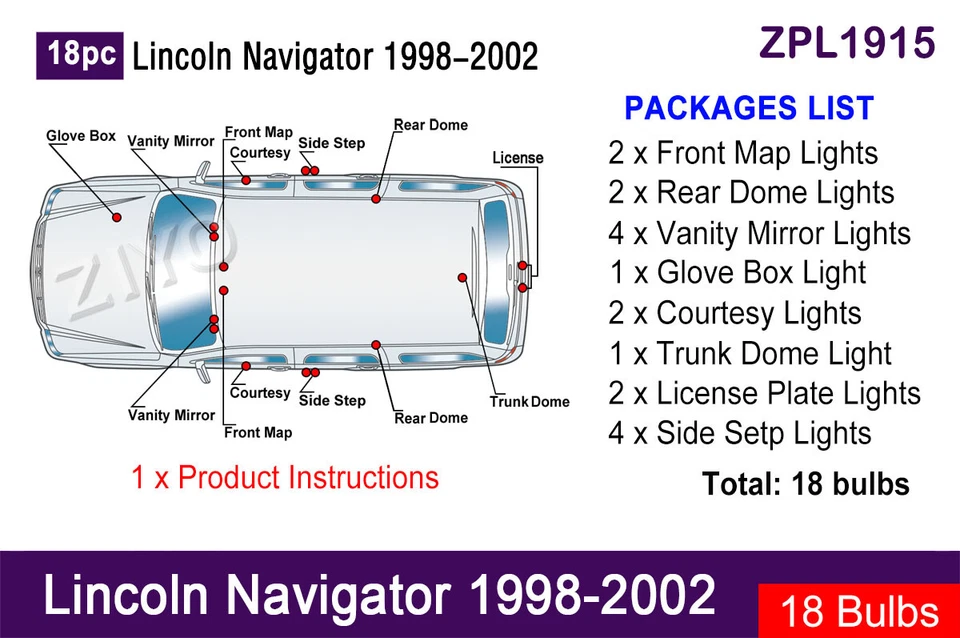 Actualización de luz interior LED de 18 piezas para Lincoln Navigator 1998-2002 bombilla blanca Foto 2 de 4