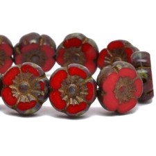 1636, 9mm Hibiscus Flower Ruby Red with Picasso/Bronze Finishes,5 Beads, hb9-15 