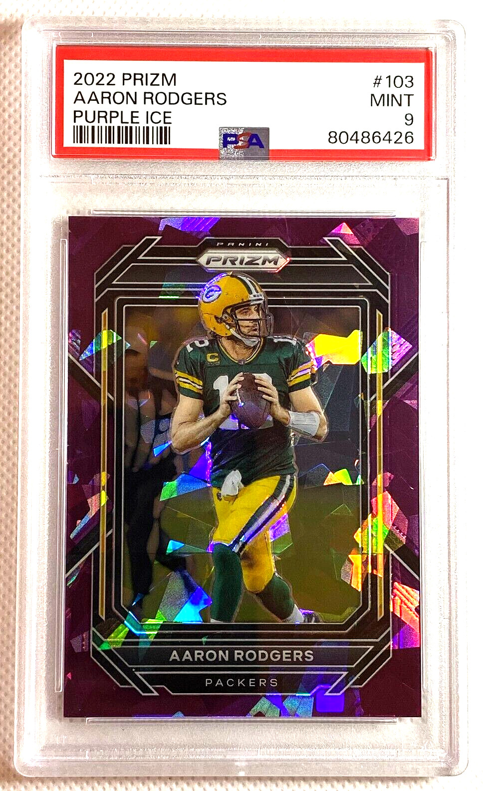 PSA 9 MINT 2022 AARON RODGERS PANINI PRIZM #103 PURPLE ICE SP /225 G5605