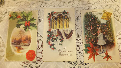 lot 3 Antique Christmas Post Card 2 embossed 1912 postmark Nevada City Ca Holly