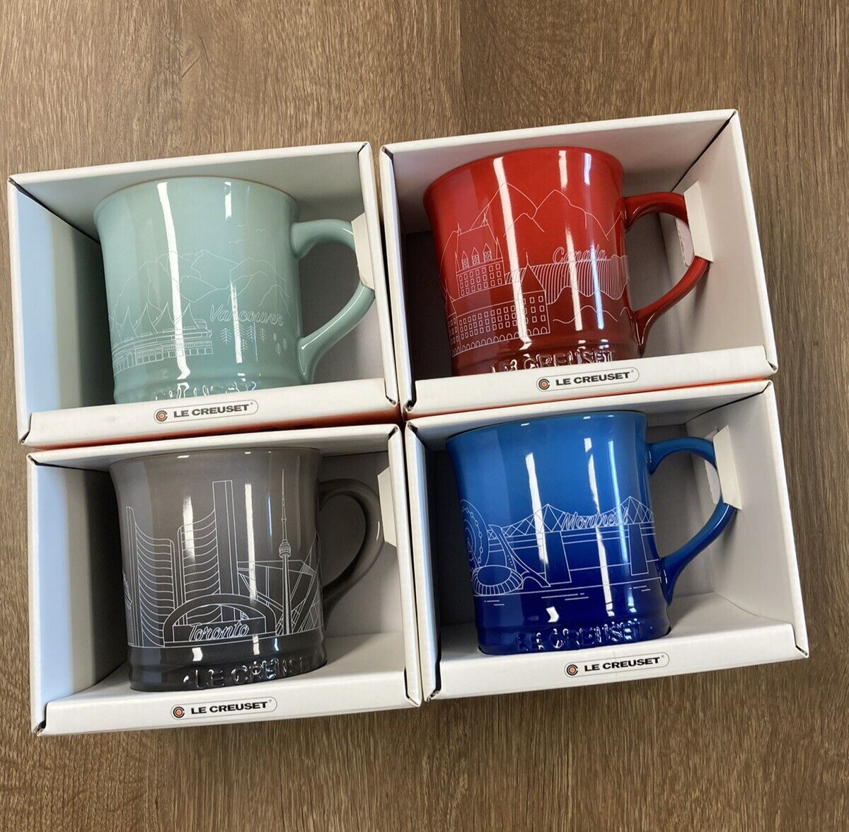 Set of 4 LE CREUSET Canada Destination Mugs Cerise Sage Azure Blue