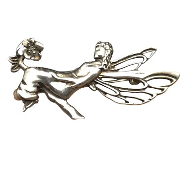 Vintage Jezlaine Sterling Fairy Brooch, Elegant 925 Silver Pin of Pixie and Flow