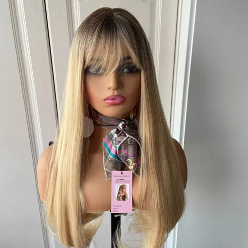 Women Long Straight Rooted Blonde Synthetic Hair Wigs With Bangs