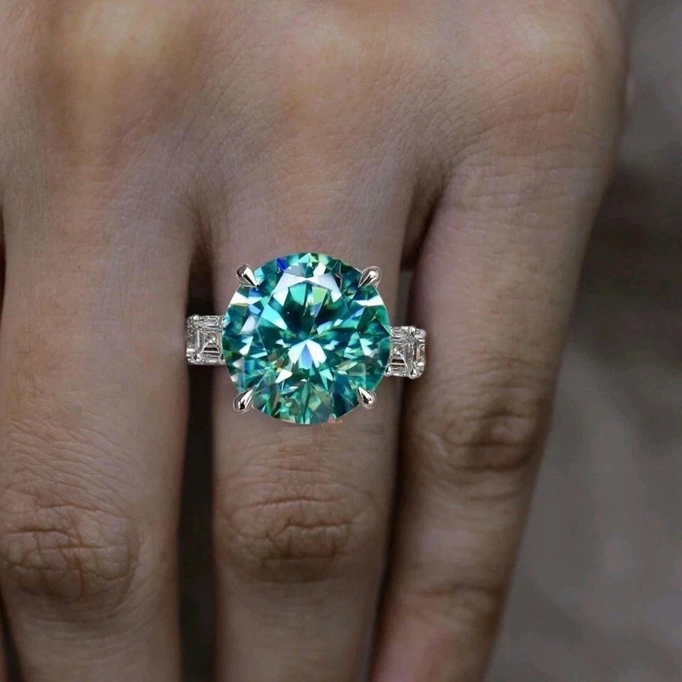 Anillo solitario de diamantes tratados azules corte redondo certificado 20,00 quilates plata 925 RARO Foto 2 de 4