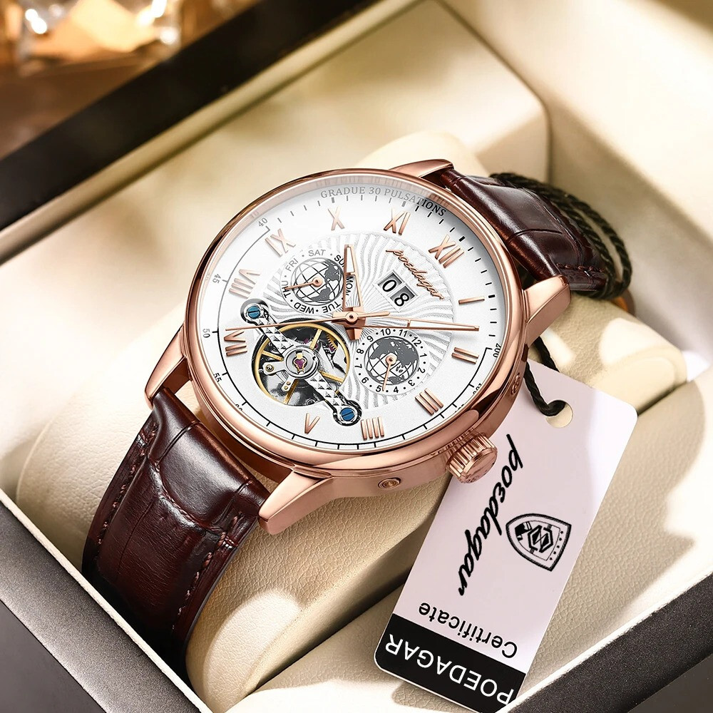 Montre automatique homme squelette style tourbillon en acier chirurgical argenté