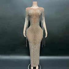 Women Transparent Luxury Rhinestones Tassel Sleeve Long Dress Stage Costumes