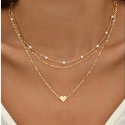 FTCY 3pcs Pearl Necklace Set plated Gold Heart Pendant Waterproof Jewelry