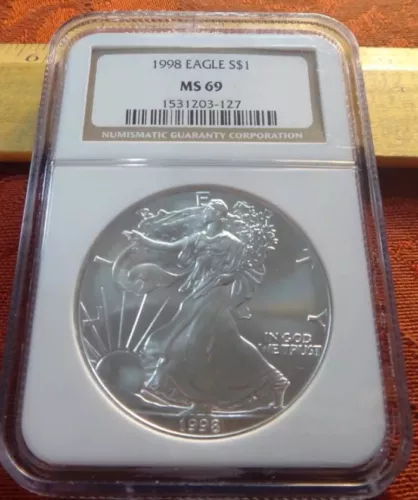 1998 American Silver Eagle 1 Ounce .999 Silver $1 NGC Graded MS69 Brown Label
