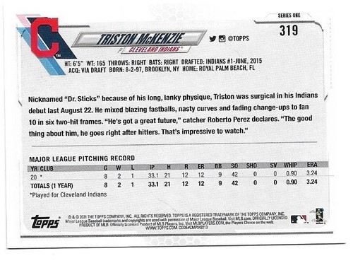Triston McKenzie 2021 Topps Gold Foil Rookie #319 Cleveland Guardians RC - Foto 2 di 2