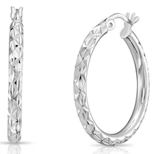 925 Solid Sterling Silver X Diamond-Cut Round Creole Bold Hoop Earrings All Size
