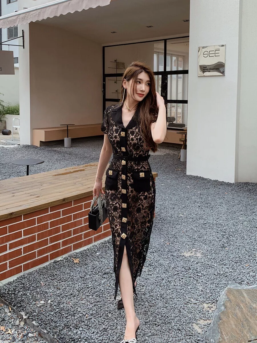 black lace midi dress