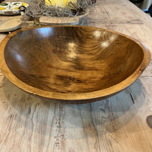 Vintage Wooden Bowl Handmade Oval 12.5”x13.5” Farmhouse Rustic Sealed