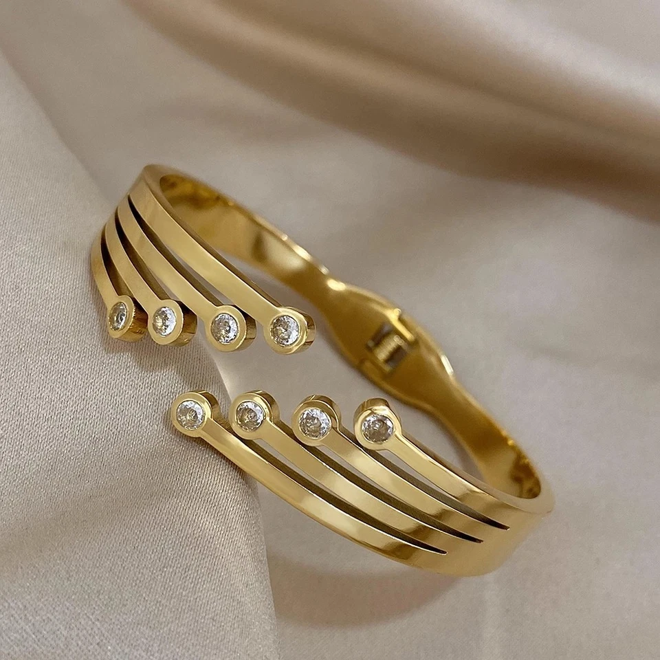 Damen Armband Edelstahl Gold Geometrisch Strass Chunky Charm Schmuck - Bild 3 von 4