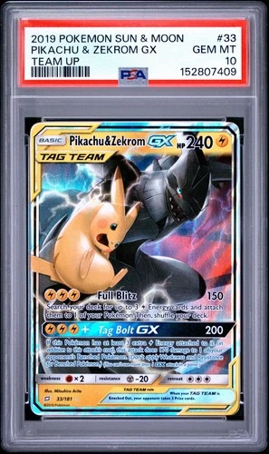 2019 POKEMON SUN & MOON TEAM UP #33 PIKACHU & ZEKROM GX PSA 10