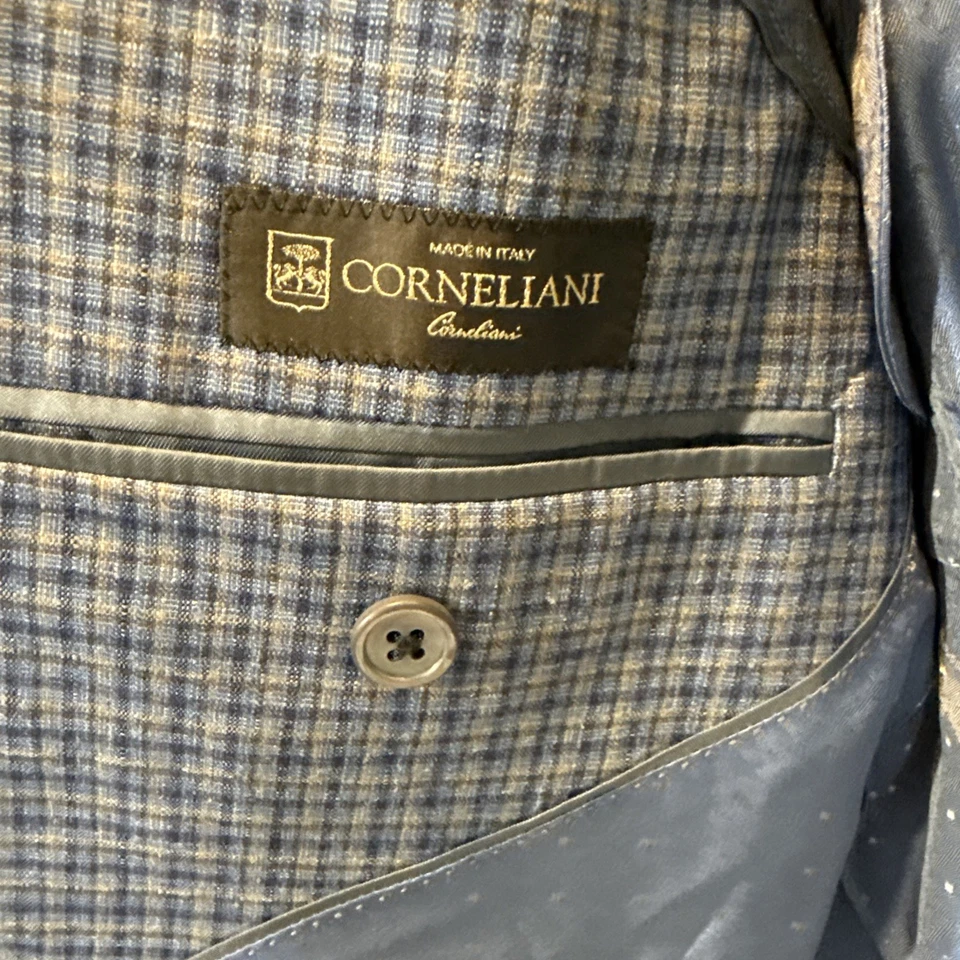 Abrigo deportivo Corneliani, EU52, azul a cuadros, lana seda lino, nuevo sin etiquetas Foto 4 de 4