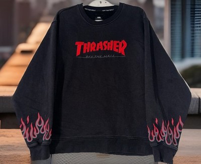 EUC Men's Vans Thrasher Off The Wall Black Flame Sweatshirt | Embroidered MEDIUM