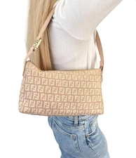 FENDI Vintage Logo Zucchino Monogram Shoulder Bag Pochette Beige Pink Cotton