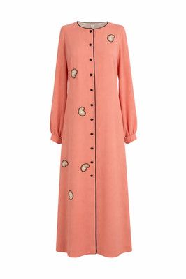 Seide Pfirsich Maxikleid Staubmantel bestickt Paisley Ana Unikat Gr. M