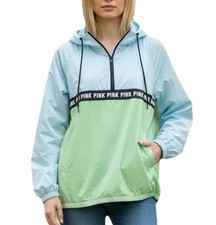 Victoria s Secret Hooded Windbreaker Spellout Logo Color Block Oversized Sz XS/S