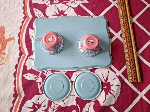 Vintage Tin Litho Ohio Art Tea Cup Saucer PINK POODLE Mini Kids Set Of 5 NICE ! - Picture 7 of 9
