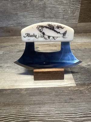 Alaska Ulu Knife Cultured Ivory Etched Salmon Handle 6.25'' Blade