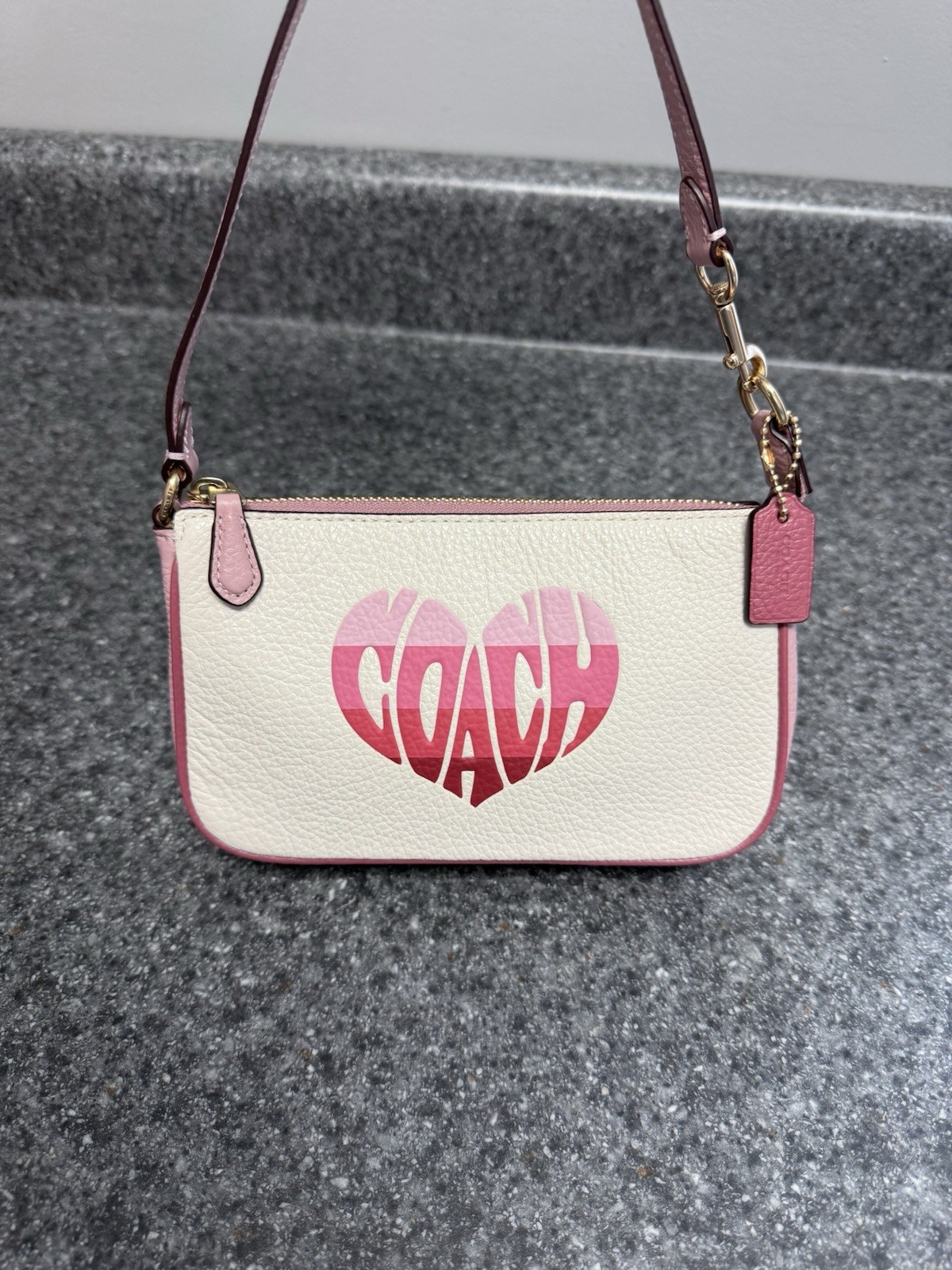 COACH Demi Nolita 19 Wristlet in Chalk Leather with Stripe Heart Design CA797