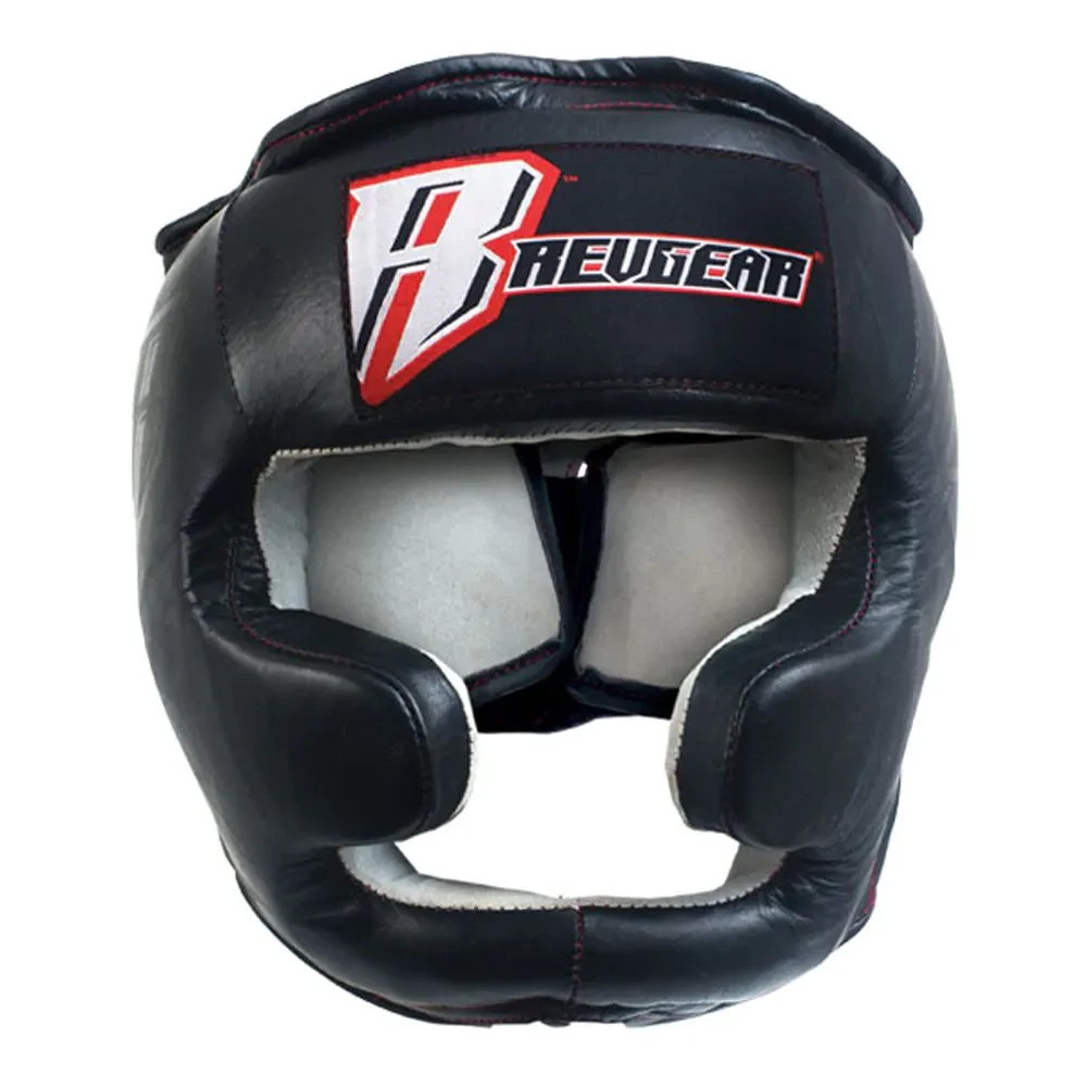 REVGEAR BOXING LEATHER TRAINING HEADGEAR w/CHEEK & CHIN PROTECTION MEDIUM BLACK