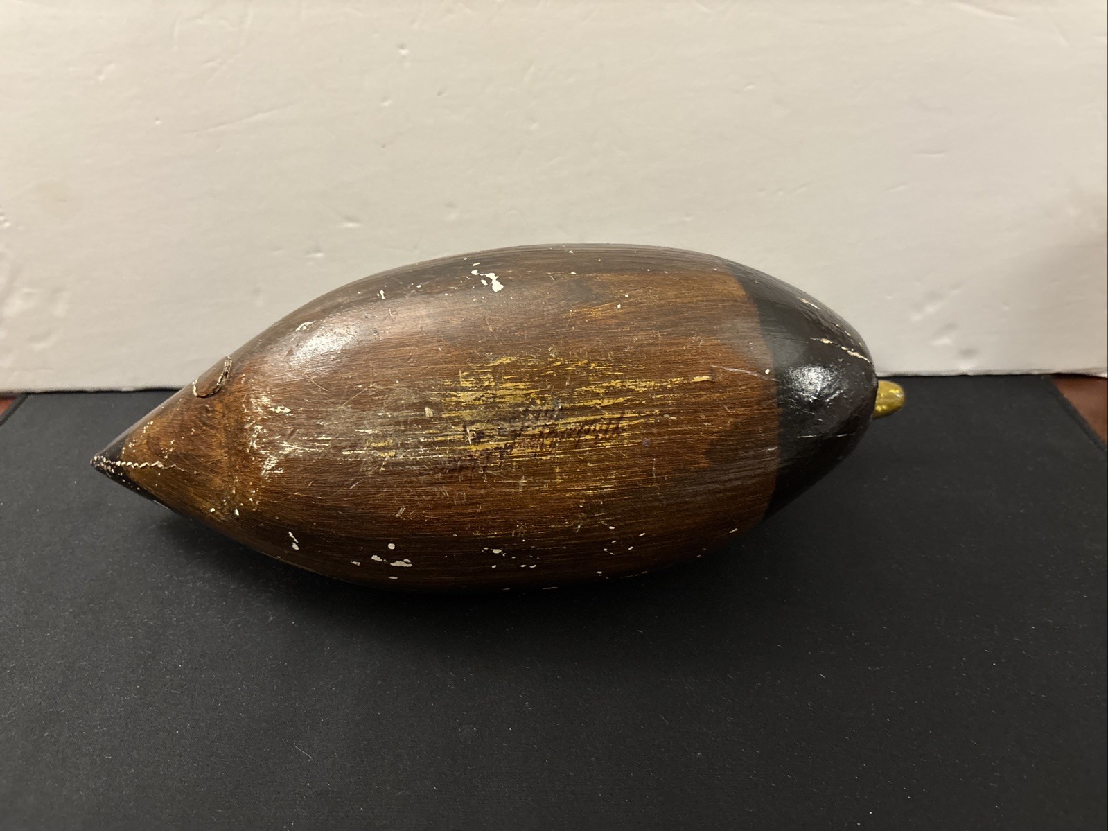 VINTAGE HAND CARVED AND PAINTED Brown HEADED WOODEN DUCK DECOY MARKED MICHAEL?