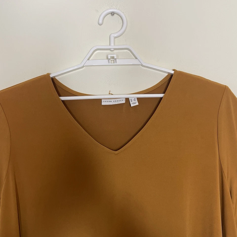 Blusa SUSAN GRAVER Mujer 3X Amarillo Mostaza Tejido Líquido Gasa Túnica Fluida Boho Foto 2 de 4