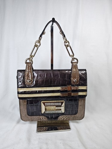 Guess Brown Patent Croc Embossed Flap Satchel Crossbody Bag Rhinestone Logo NWOT