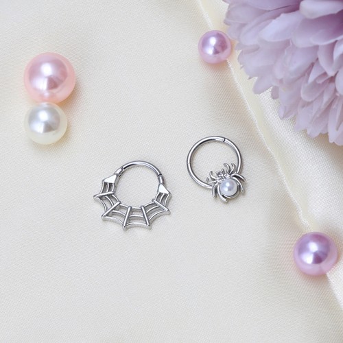 Surgical Steel Septum Clicker 16G Spider Web Halloween Nose Ring Daith Earrings - Picture 7 of 13
