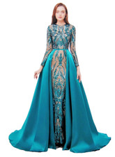 Womens Long Sleeve Mermaid Detachable Train Evening Prom Long Sequin Dress T2390