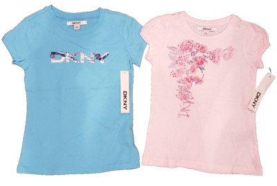 DKNY Girls Pink/Blue T-Shirt Logo Cityscape Ink Splatter Floral Flowers Size 6