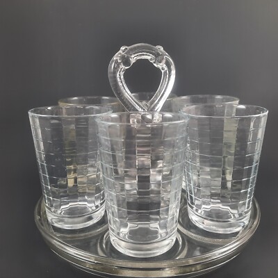 L. E. Smith Beverage Tray Center Handle Line 181 6 Pasabahce Block Optic Glasses