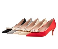 Womens Satin Slip On Mid Heels Pointed Toe Pearl Decor Shoes Dress Party Prom SZ