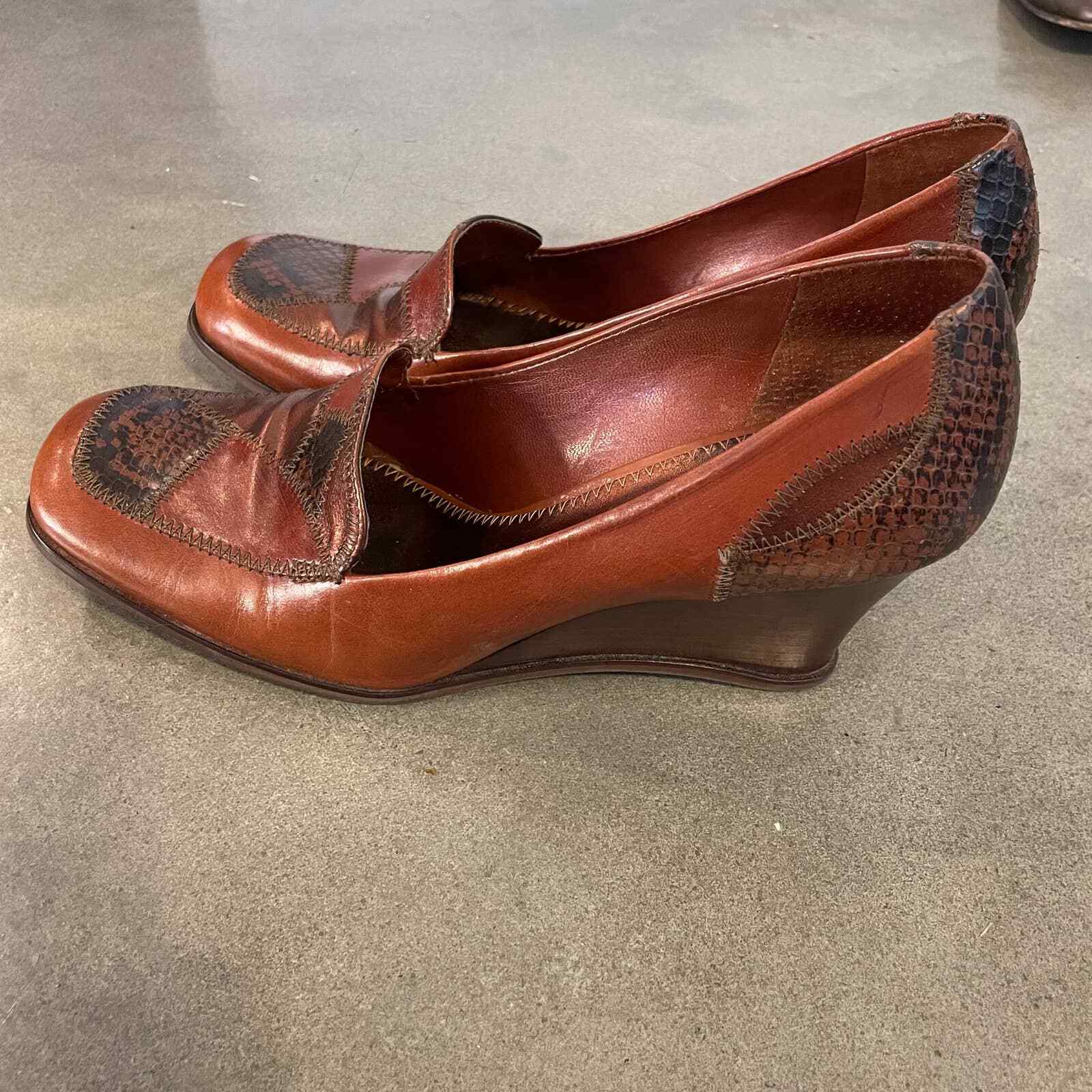 Antonio Melani brown leather patchwork wedge casu… - image 5